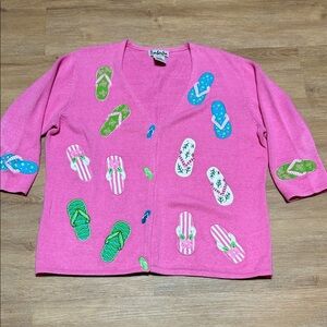 Timberlea Pink Flip-Flop Embroidered Cardigan Sweater